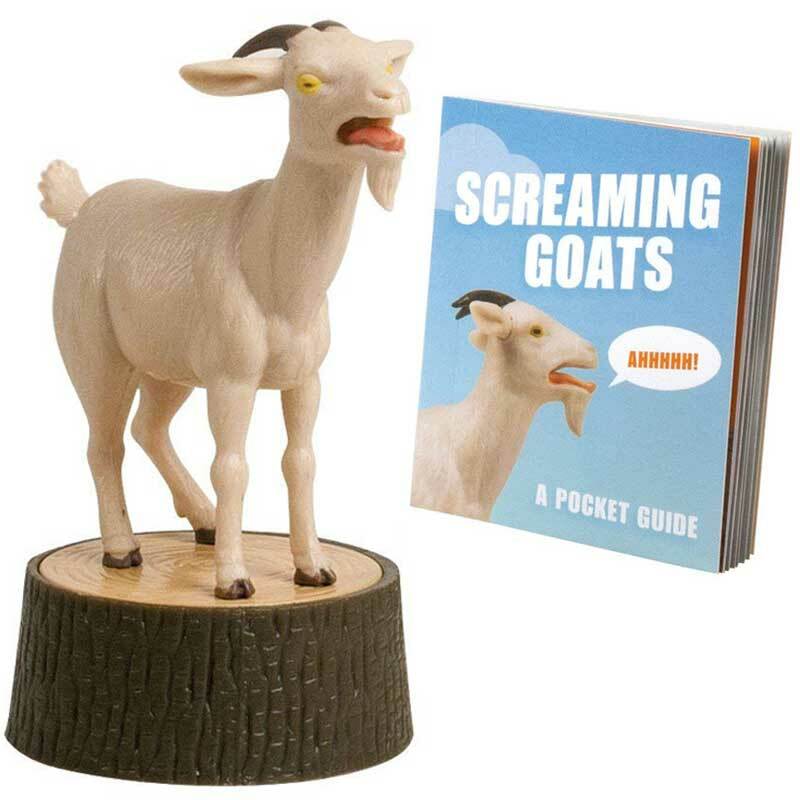 A screaming goat figure next to a small blue book