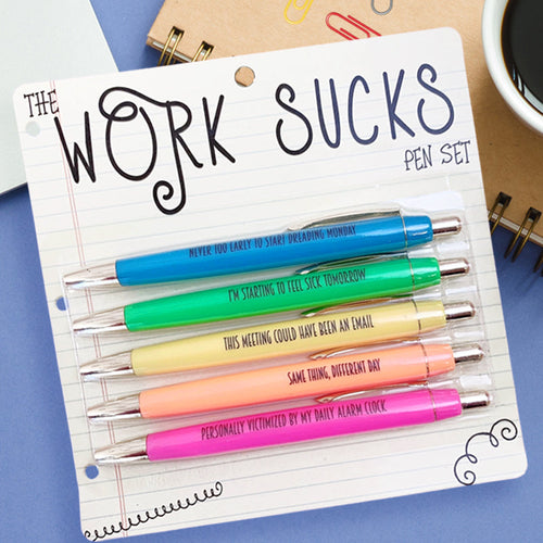 Work Sucks Ball Point Ink Pen Set. Funny Gifts. Office Stationery